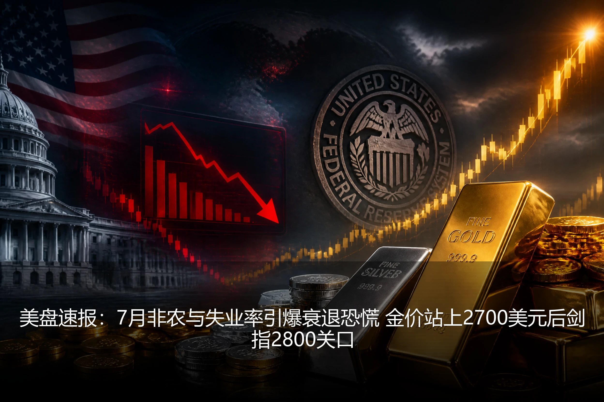 美盘速报：7月非农与失业率引爆衰退恐慌 金价站上2700美元后剑指2800关口